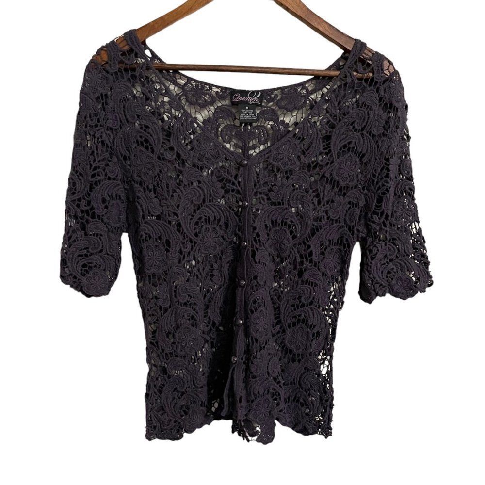 Vintage Womens Gray Floral Open Lace Crochet Cottagecore Y2K Cardigan Medium